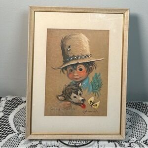 Johnny Little Wolf Montsaque Framed Print Boy Wolf Butterfly Art 1960s MCM Vtg